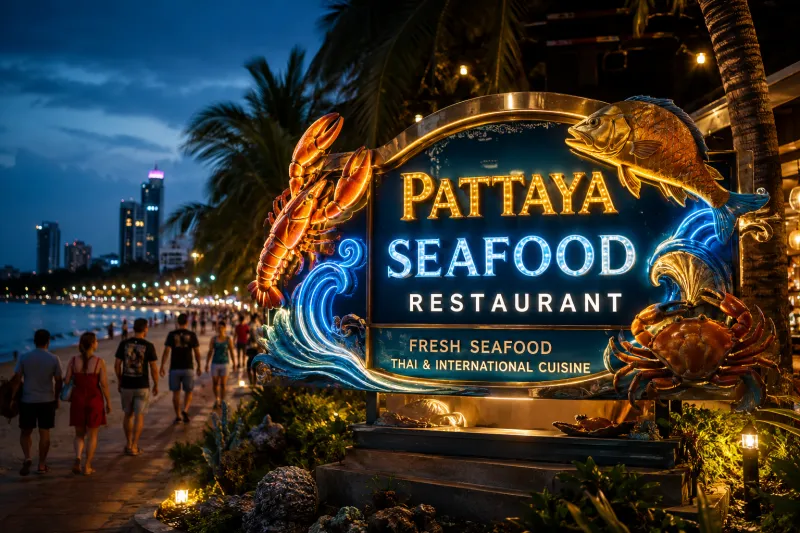 ป้ายสำหรับธุรกิจร้านอาหารซีฟู้ดริมทะเลในพัทยา-ชลบุรี เลือกวัสดุและรูปแบบป้ายอย่างไรให้ทนความชื้นและดึงดูดนักท่องเที่ยว