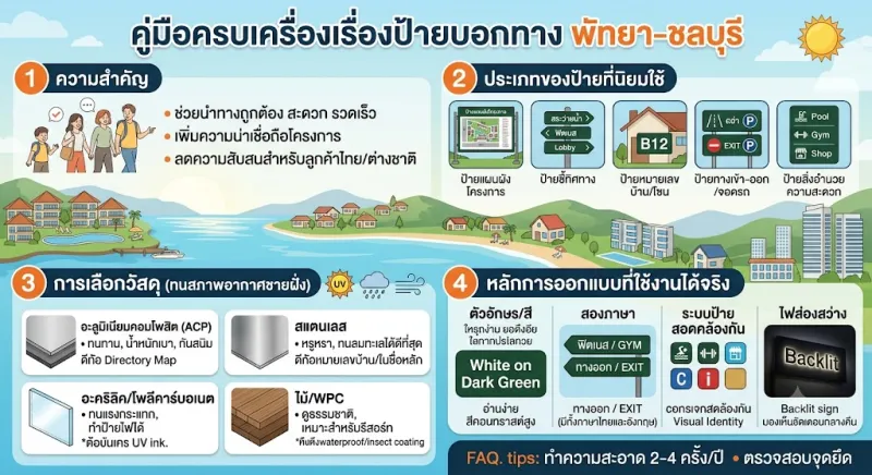 ป้ายไดเร็กชันและป้ายบอกทางในโครงการ หมู่บ้าน และรีสอร์ทในพัทยา-ชลบุรี ควรเลือกวัสดุและรูปแบบอย่างไรให้ทนทานและใช้งานได้จริง