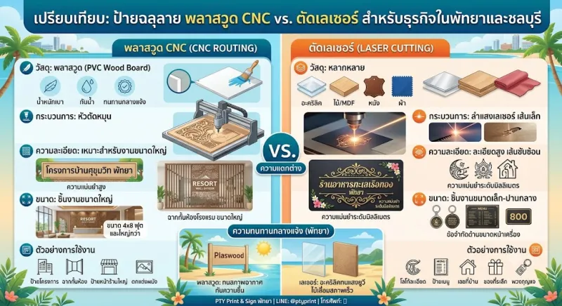 ป้ายฉลุลายพลาสวูด CNC กับป้ายฉลุเลเซอร์ ต่างกันอย่างไร และแบบไหนเหมาะกับงานตกแต่งร้านและโครงการในพัทยา-ชลบุรี